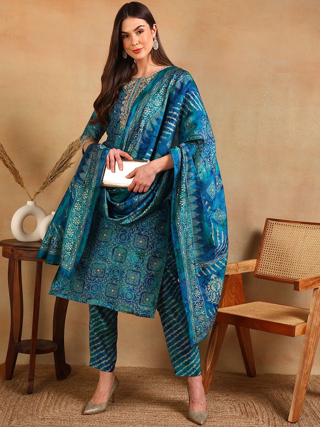 ethnic motifs printed thread work straight kurta with trouser & dupatta ethnic motifs printed thread work straight kurta with trouser & dupatta